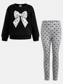 SHEIN Young Girl Kids Black Long Sleeve Sweatshirt + Grey Bow Decor Leggings 2pcs Set For Back To School Autumn/Winter - Black - View 5