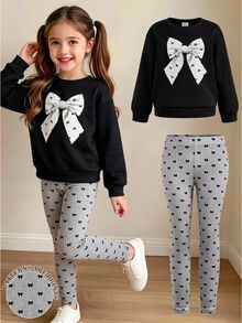 SHEIN Young Girl Kids Black Long Sleeve Sweatshirt + Grey Bow Decor Leggings 2pcs Set For Back To School Autumn/Winter - Black - View 6