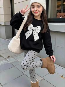SHEIN Young Girl Kids Black Long Sleeve Sweatshirt + Grey Bow Decor Leggings 2pcs Set For Back To School Autumn/Winter - Black - View 7