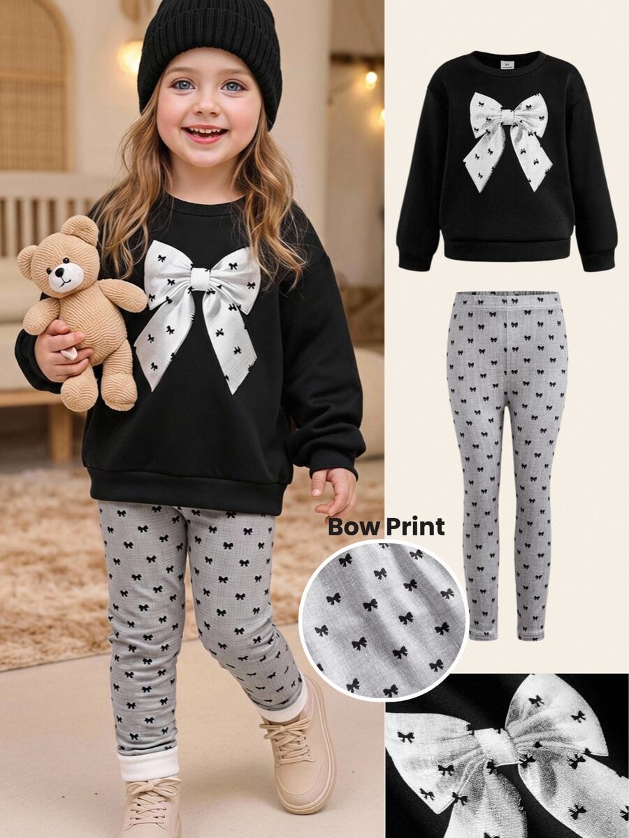 SHEIN Young Girl Kids Black Long Sleeve Sweatshirt + Grey Bow Decor Leggings 2pcs Set For Back To School Autumn/Winter - Black - View 1