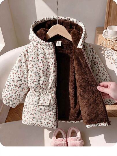 SHEIN Babygirl Cute Autumn/Winter Floral Thermal Lined Versatile Hooded Jacket