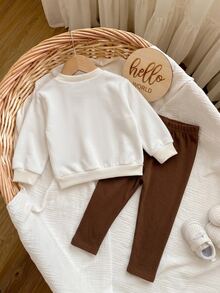SHEIN Baby Girl Cute Casual Knitted Fluffy Cartoon Bear Pattern Sweatshirt And Elastic Waist Long Autumn Pants Set - Apricot - View 2