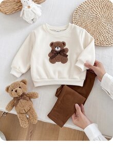 SHEIN Baby Girl Cute Casual Knitted Fluffy Cartoon Bear Pattern Sweatshirt And Elastic Waist Long Autumn Pants Set - Apricot - View 4