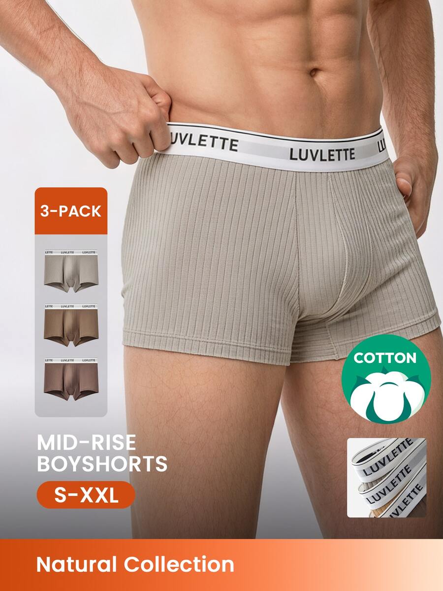 LUVLETTE 3-Pack Cotton Mid Rise Printed Letter Webbing Men's Boxer Briefs - Multicolor - View 1