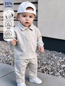 SHEIN 2pcs Baby Boy 0-3 Years Old Grey Spring/Autumn Casual Sweatshirt & Sweatpants Set, Soft Skin-Friendly Solid Color Half-Zip Polo Collar Sweatshirt & Sports Long Pants - Grey - View 9