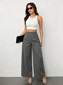 SHEIN PETITE CURVE 大尺碼優雅商務休閒高腰百褶寬鬆西裝長褲 辦公正式灰色秋季款 - 淺灰色 - 查看 4