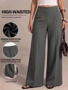 SHEIN PETITE CURVE 大尺碼優雅商務休閒高腰百褶寬鬆西裝長褲 辦公正式灰色秋季款 - 淺灰色 - 查看 10