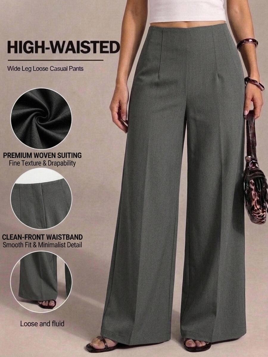 SHEIN PETITE CURVE Plus Size Elegant Business Casual Casual High Waist Pleated Loose Business Pants Office Formal Gray Fall - Light Grey - View 1