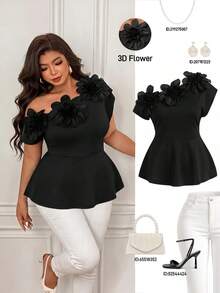 Femmeverse Women's Solid Color 3 Floral Decor Ruched Shoulder Design Fashion Plus Size Top - Black - View 1