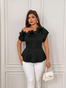 Femmeverse Women's Solid Color 3 Floral Decor Ruched Shoulder Design Fashion Plus Size Top - Black - View 4