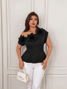 Femmeverse Women's Solid Color 3 Floral Decor Ruched Shoulder Design Fashion Plus Size Top - Black - View 5