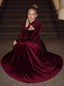 SHEIN Tween Girls Velvet Simple Tween Girl Kids Thermal Lined Thickened Autumn Winter Holiday Christmas Party Dress - Burgundy - View 1