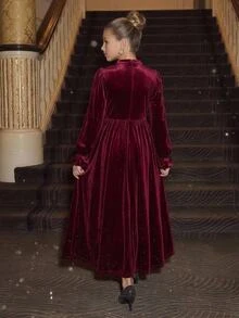 SHEIN Tween Girls Velvet Simple Tween Girl Kids Thermal Lined Thickened Autumn Winter Holiday Christmas Party Dress - Burgundy - View 2
