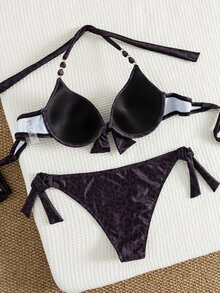 Bonvoyette Retro Leopard Print Push Up Halter Bowknot Beaded Backless Tie Bikini Set,Beige,Summer,Casual,Beach - Brown - View 6