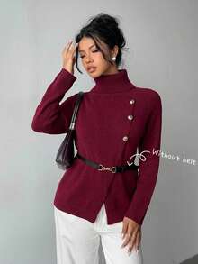 Elenzga Women's Elegant High Neck Knit Pullover With Metal Button Decor, Solid Color Long Sleeve Christmas Red Sweater, Autumn/Winter - Burgundy - View 5