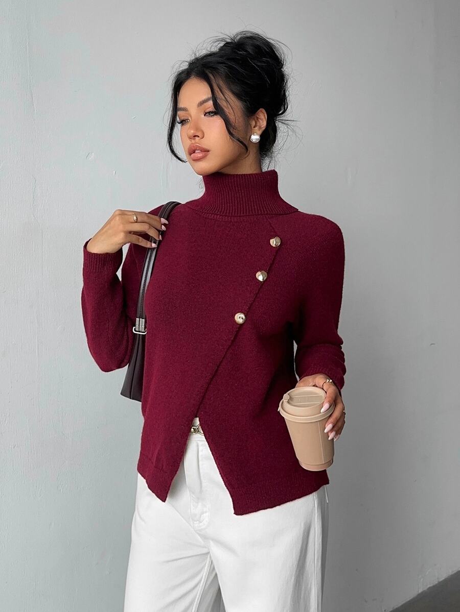 Elenzga Women's Elegant High Neck Knit Pullover With Metal Button Decor, Solid Color Long Sleeve Christmas Red Sweater, Autumn/Winter - Burgundy - View 1