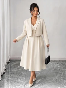 SHEIN Elenzya Plus Size Women Elegant Solid Color Short Long Sleeve Blazer + Solid Color V-Neck Waist-Cinching A-Line Cami Dress 2 Pieces Set, Minimalist Design With Metal Buttons, Suitable For Daily Commute, Outings, Dates And Gatherings - Apricot - View 6