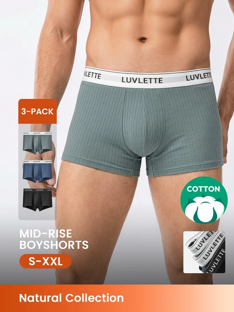 LUVLETTE 3-Pack Cotton Mid Rise Printed Letter Webbing Men's Boxer Briefs - Multicolor - View 1