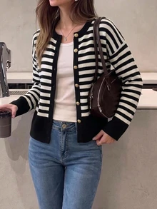 Easowa Women's Striped Casual Versatile Daily Outing Long Sleeve Cardigan - Black and White - View 2