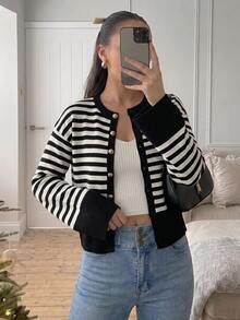 Easowa Women's Striped Casual Versatile Daily Outing Long Sleeve Cardigan - Black and White - View 1