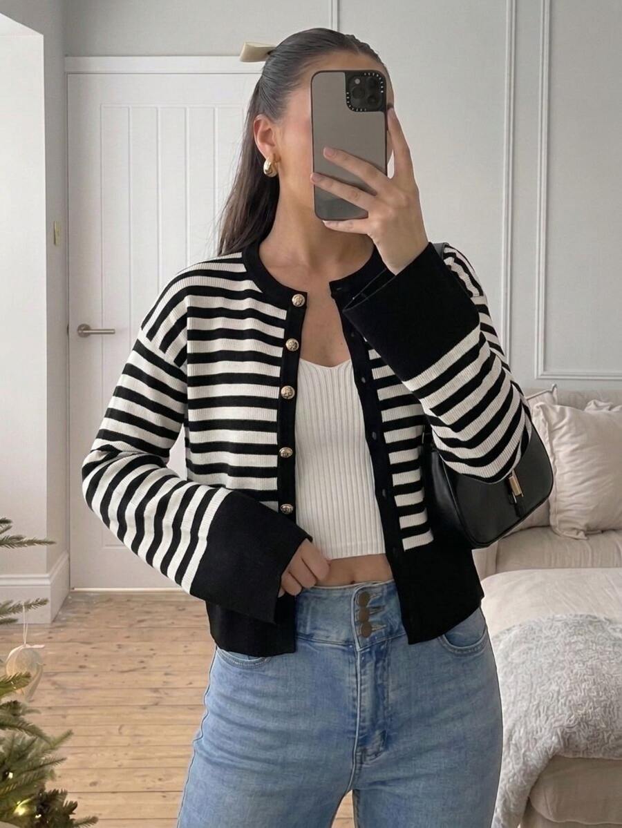 Easowa Women's Striped Casual Versatile Daily Outing Long Sleeve Cardigan - Black and White - View 1