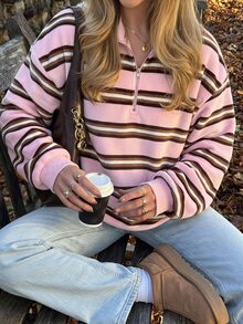 SHEIN EZwear Women's Striped Casual Daily Long Sleeve Sweatshirt - Pink - View 8