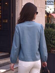 Cévolie French Casual Style Small Stand Collar Button-Down Shirt Women's Lantern Sleeve Loose Top - Blue - View 2