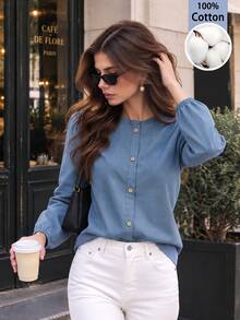 Cévolie French Casual Style Small Stand Collar Button-Down Shirt Women's Lantern Sleeve Loose Top - Blue - View 4