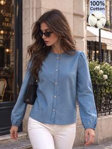Cévolie French Casual Style Small Stand Collar Button-Down Shirt Women's Lantern Sleeve Loose Top - Blue - View 3