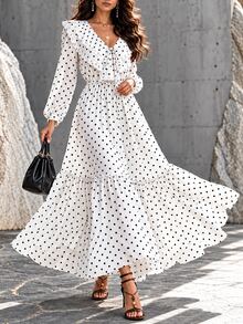 SHEIN Spring Fall 2026 New Arrival Polka Dot Lace Ruffle Trim Vacation White Black French V Neck Long Sleeve Cinched Waist Flowy Dress - White - View 5