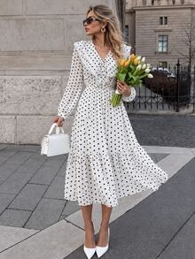 SHEIN Spring Fall 2026 New Arrival Polka Dot Lace Ruffle Trim Vacation White Black French V Neck Long Sleeve Cinched Waist Flowy Dress - White - View 1