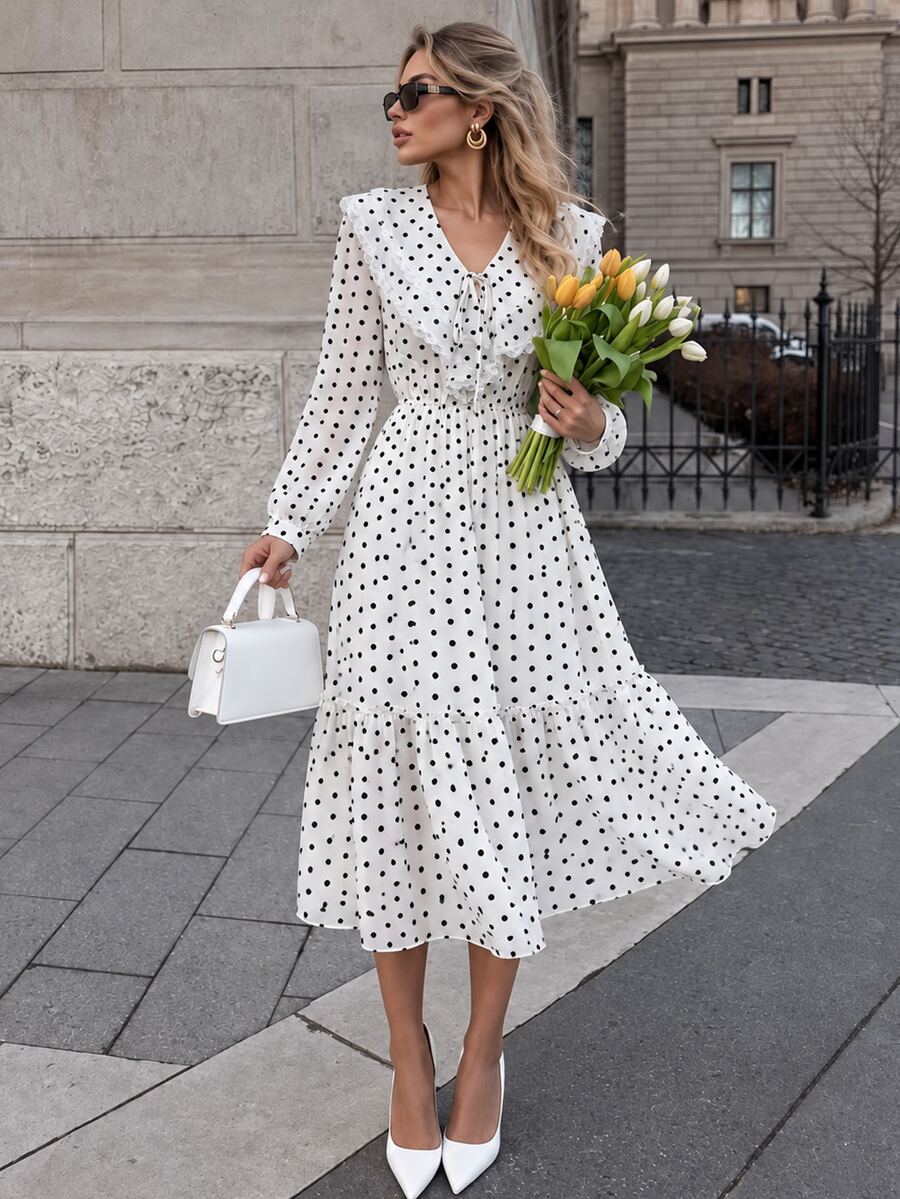 SHEIN Spring Fall 2026 New Arrival Polka Dot Lace Ruffle Trim Vacation White Black French V Neck Long Sleeve Cinched Waist Flowy Dress - White - View 1