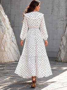 SHEIN Spring Fall 2026 New Arrival Polka Dot Lace Ruffle Trim Vacation White Black French V Neck Long Sleeve Cinched Waist Flowy Dress - White - View 2