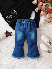 SHEIN Baby Girl Realistic Denim Effect Flare Pants Autumn Fall - Blue - View 3
