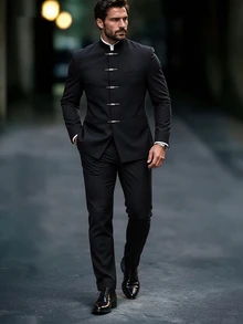 Calvornis Men's Business Casual Black Formal Stand Collar Single-Breasted Suit Jacket And Pants Set, Perfect Holiday Gift - Black - View 3
