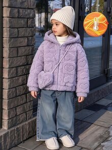 SHEIN Ween 女孩愛心壓紋毛絨連帽夾克，拉鍊開襟絨毛外套附配套迷你包，柔軟保暖秋冬外套 - 紫色 - 查看 1