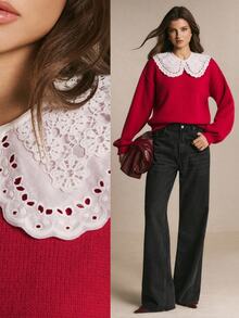 Poéselle Women's Color Block Christmas Sweater, Long Sleeve Casual French Romantic Elegant Pullover Knit Top Brunch Fall Outfit Red And White - Red - View 2