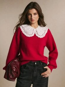 Poéselle Women's Color Block Christmas Sweater, Long Sleeve Casual French Romantic Elegant Pullover Knit Top Brunch Fall Outfit Red And White - Red - View 7