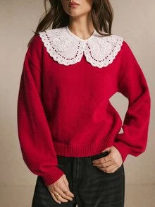 Poéselle Women's Color Block Christmas Sweater, Long Sleeve Casual French Romantic Elegant Pullover Knit Top Brunch Fall Outfit Red And White - Red - View 3