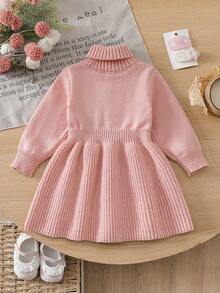 SHEIN Baby Girls Sweater Dresses, Autumn/Winter, Beige, High Round Neck, Pullover, Cable Knit, A-Line, Wool-Like Fabric, Delicate Knit, Comfortable - Pink - View 2