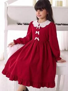 SHEIN فستان كاجوال بسيط بفيونكة للفتيات المراهقات لفصل الخريف/الشتاء والكريسماس - ابيض واحمر - مشاهدة 6