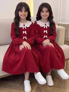 SHEIN فستان كاجوال بسيط بفيونكة للفتيات المراهقات لفصل الخريف/الشتاء والكريسماس - ابيض واحمر - مشاهدة 4
