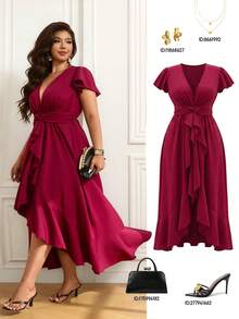 Femmeverse Plus Size Women Solid Color Elegant Asymmetric Ruched V-Neck Dress - Burgundy - View 1