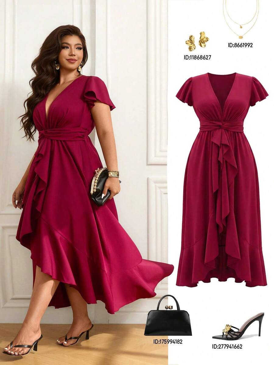 Femmeverse Plus Size Women Solid Color Elegant Asymmetric Ruched V-Neck Dress - Burgundy - View 1