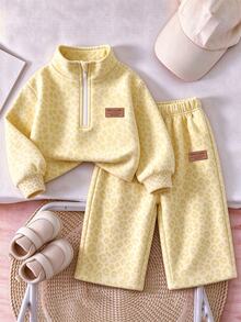 Infant Girls Pink Leopard Print Fleece Two Pieces Set, Half-Zip Stand Collar Top + Wide Leg Pants, Thick Plush Lining, Stamp Decoration, Winter - Multicolor - View 1
