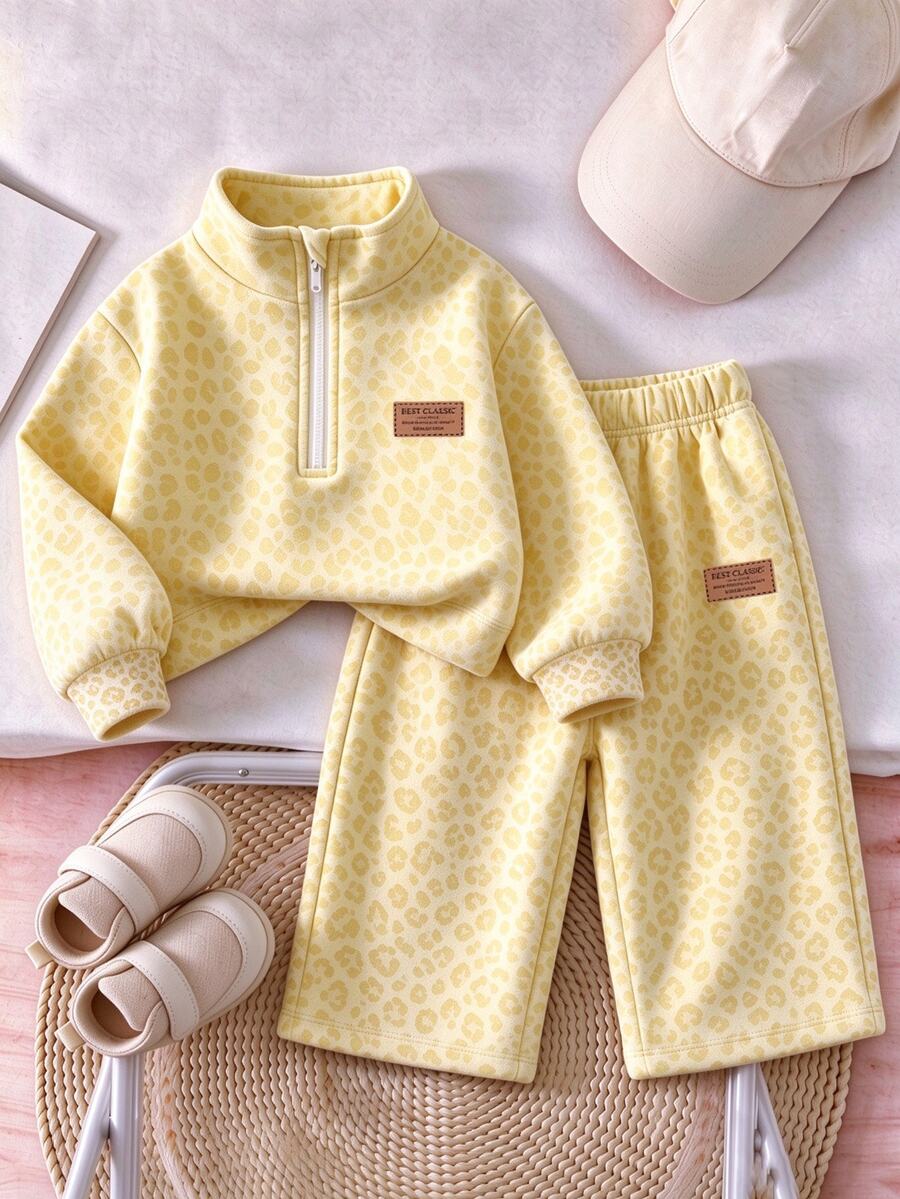 Infant Girls Pink Leopard Print Fleece Two Pieces Set, Half-Zip Stand Collar Top + Wide Leg Pants, Thick Plush Lining, Stamp Decoration, Winter - Multicolor - View 1