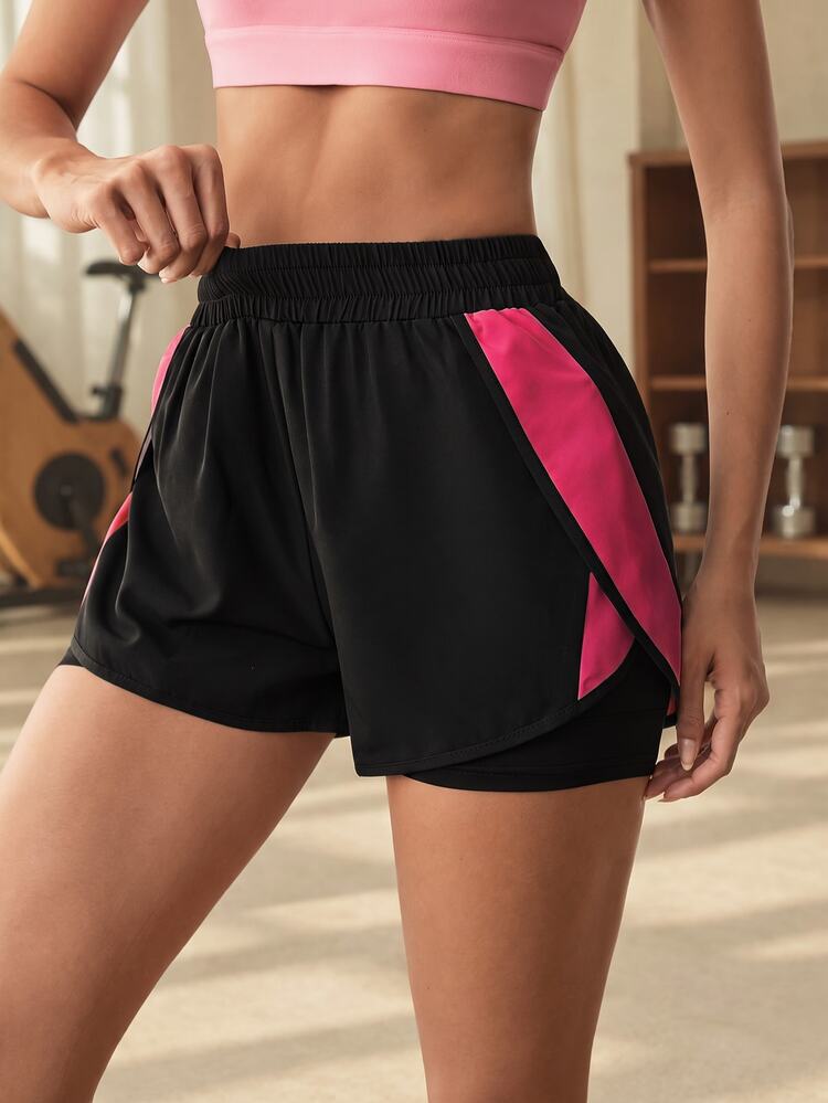Eassivo Eassivo Women's Elastic Waist Casual Sports 2 In 1 Contrast Color Shorts - Hot Pink - View 4