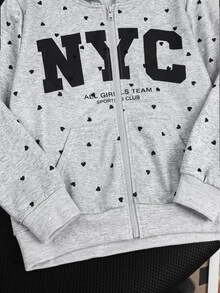 Kids Tween Girl Hooded Drawstring Grey Polka Dot Letter Print Zipper Front Sweatshirt Back-To-School School Autumn Streetwear - Grey - View 4