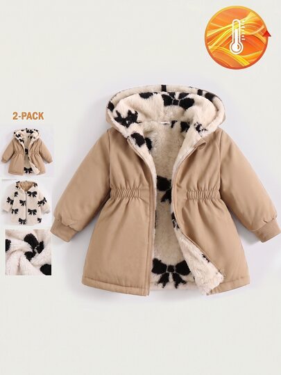 SHEIN قطعتان من جاكيت باركا بغطاء رأس للبنات الصغيرات، لطيف وحلو، بطبعة فيونكة باللون الكاكي والأبيض، فرو ناعم، أكمام طويلة، سميك، للخارج، للشتاء والخريف، بسحاب كامل