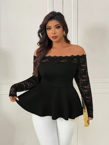 Femmeverse Plus Size Women's Off-Shoulder, Lace Trim, Patchwork Solid Color Knit Blouse Fall - Black - View 6